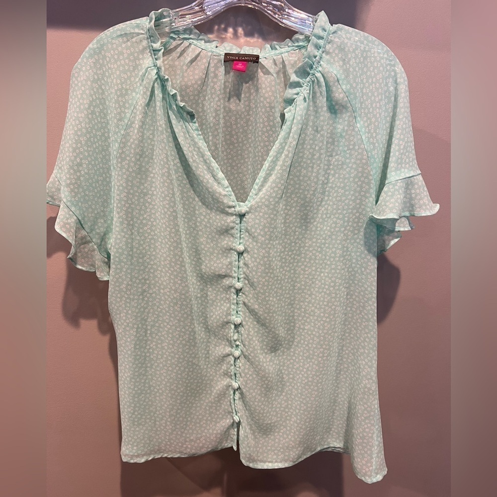 Women’s Vince Camuto Aqua and White Short Sleeve Sheer Button Front Size Medium